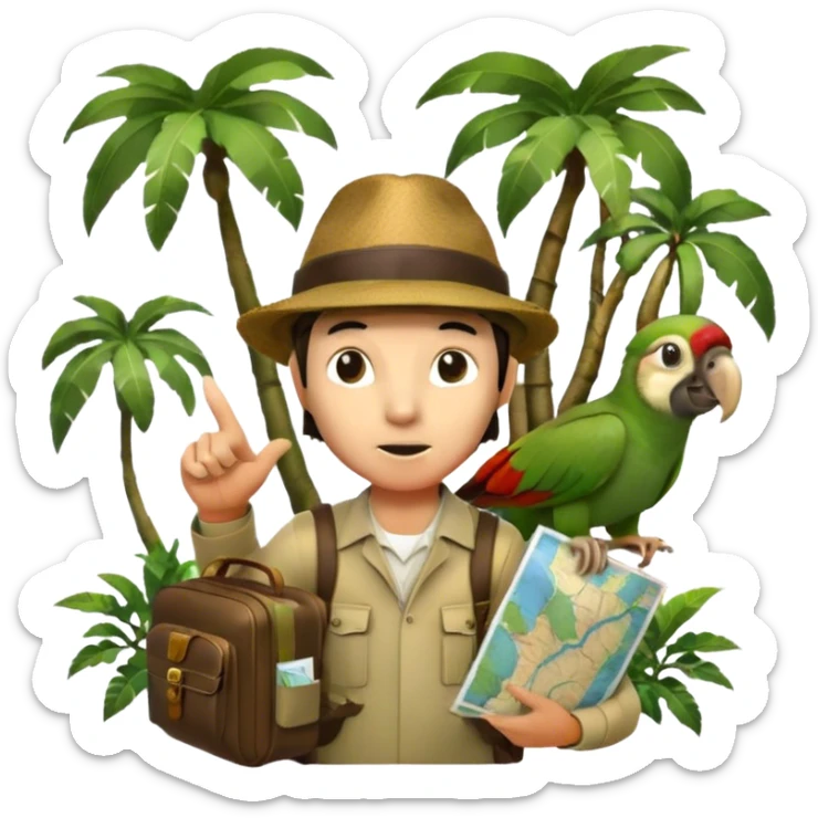 Icon for Travel Documentary: A vintage TV-style design with a traveler pointing backward, telling a story in the jungle. Include lush greenery, exotic animals, and a backpack. The traveler should be wearing a hat and holding a map. Retro, informative TV style. Transparent background. sticker