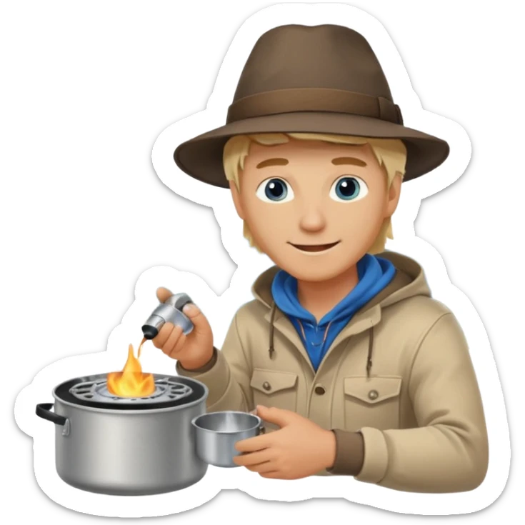 A blonde man camper boiling water on a portable stove, enjoying the outdoor sticker