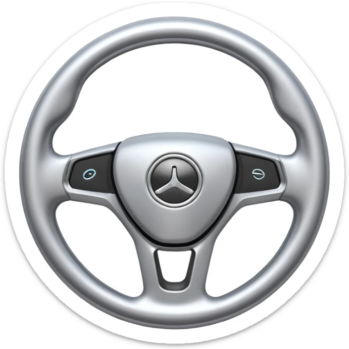 A futuristic steering wheel emoji made of silver chrome, minimal geometric design, smooth metallic surface, soft reflections, iOS emoji style, centered, clean white background sticker