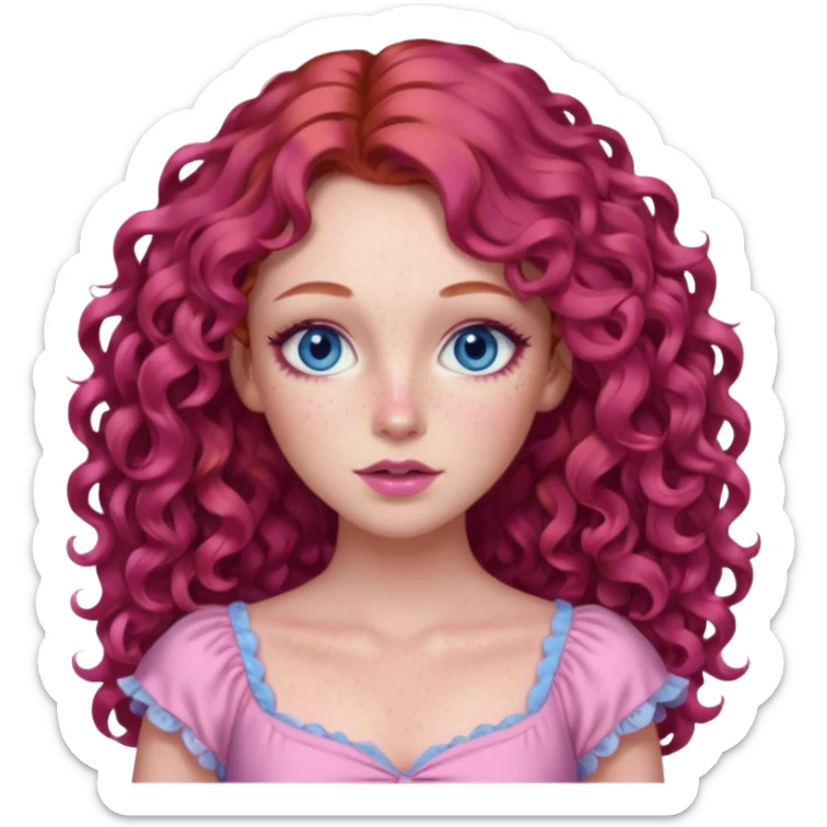 Chappell Roan long red curly hair, blue eyes, pink eyeshadow and lip, pink dress sticker