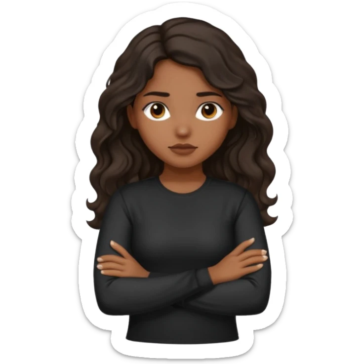 Hispanic girl dark long wavy hair crossing her arms with slight pout black long sleeve shirt sticker