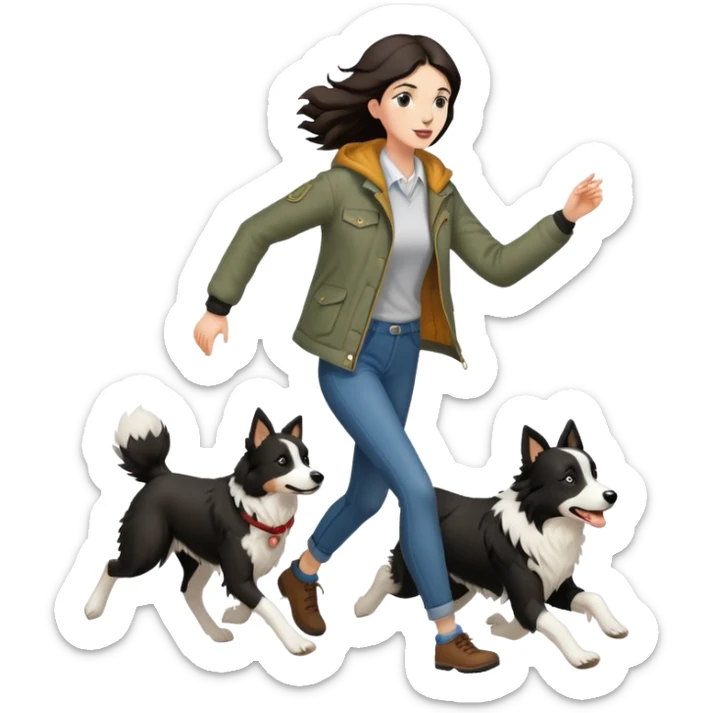 A beautiful tall girl with fair skin wearing a jacket chasing a Border Collie sticker