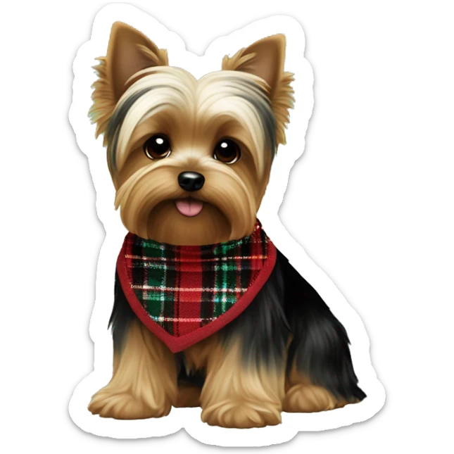 NO BLACK only brown and white BOY yorkie with a red and black plaid sweater the a name tag bruno with a green christmas bandana around the neck sticker