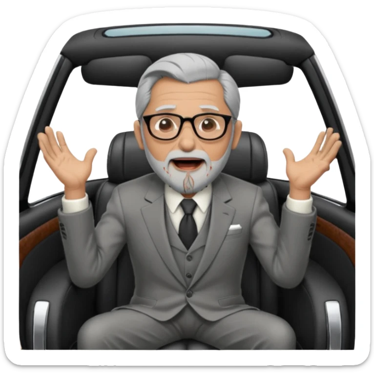 Professor Bentley Dyed black gray hair  frencb beard graying indian guy in suit sitting in a bentley car and screaming fraud. Older look around 60 yrs  with glasses slight balding sticker