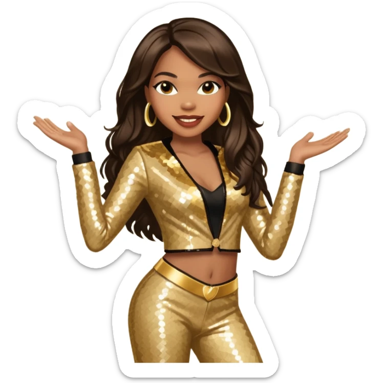 Tenitra Michelle Williams, R&B Singer from Destiny's Child with long dark brown hair, gold sequin outfit, medium dark skin sticker