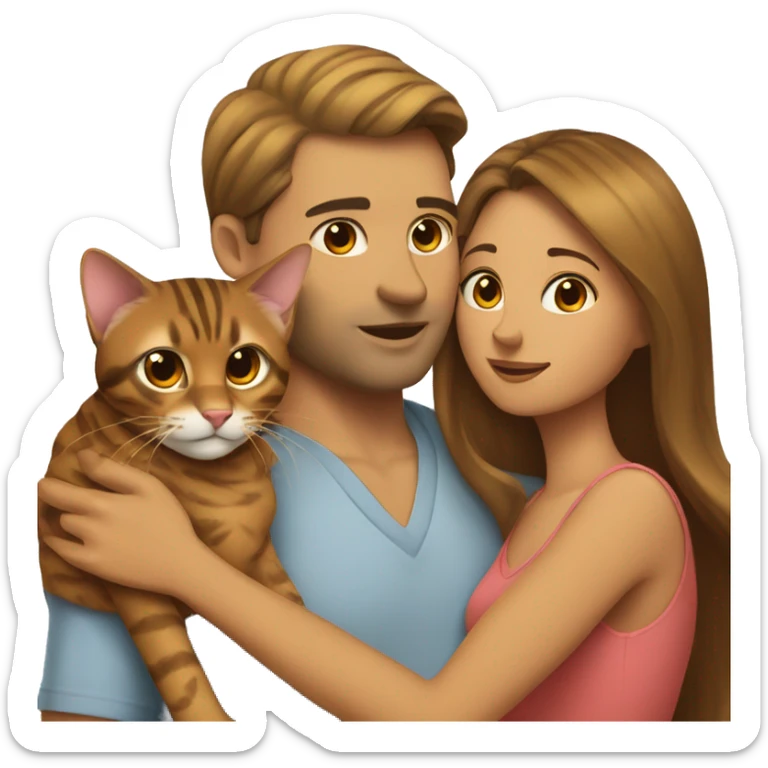 A man hugs a long brown-haired skinny hot woman and a bengal cat sticker