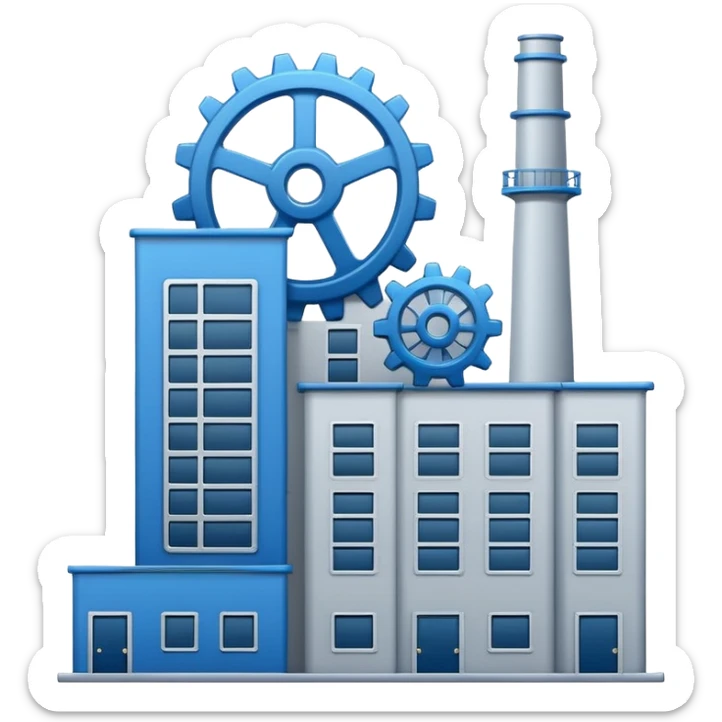 "A minimalist vector icon of a modern manufacturing factory building with a gear symbol above it. Blue and grey color scheme, flat design, white background, simple thick lines, professional business logo style." sticker