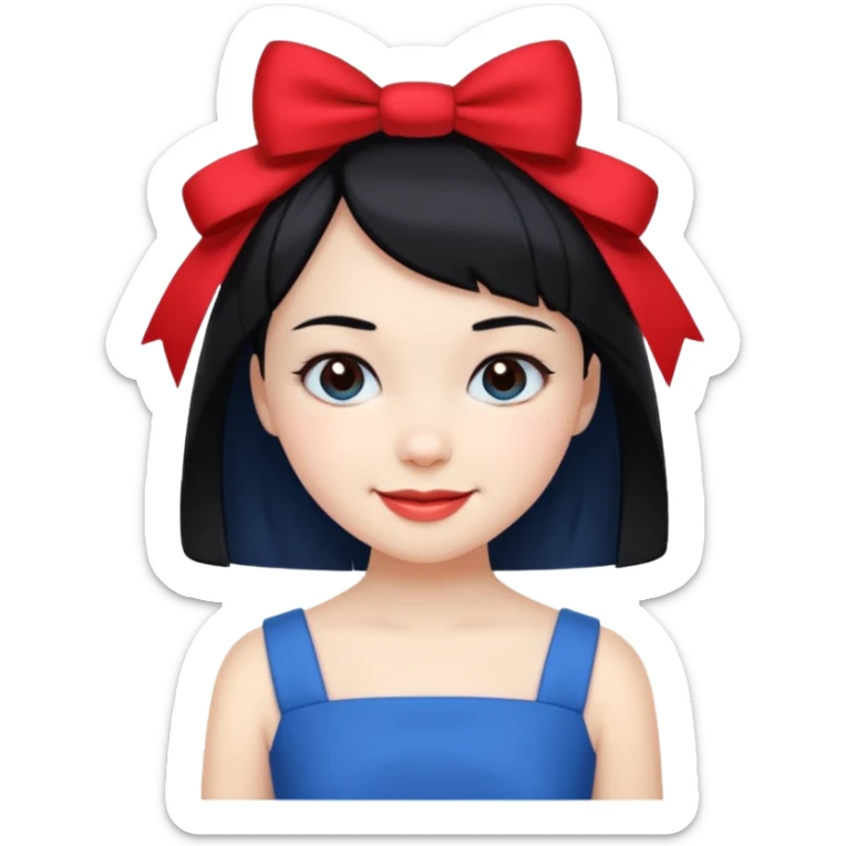 girl with white skin, short black hair, red bow, wearing a blue dress, smiling sticker