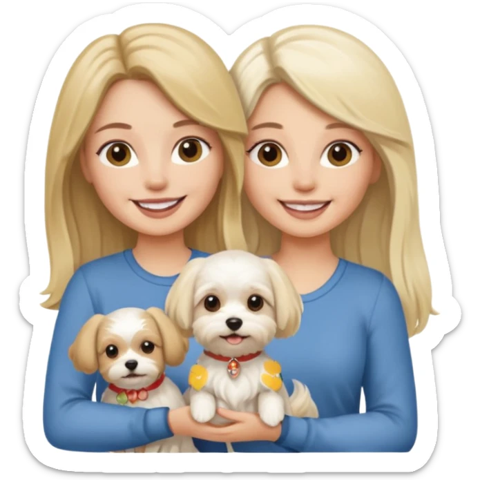 two women are holding only one Maltese dog. one woman is brunette the other woman is blonde long haired  sticker