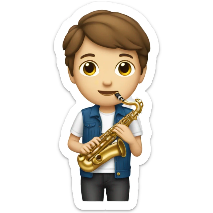 White teenager with short brown hair playing the alto saxophone sticker