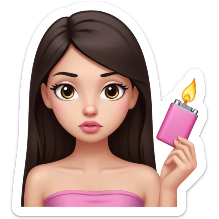 girl with lighter skin, dark brown long straight hair, pouty shiny lips without cupid's bow, large eyes, lighter button nose, long oval-shaped face, wearing a pink bandeau top with straight neckline sticker