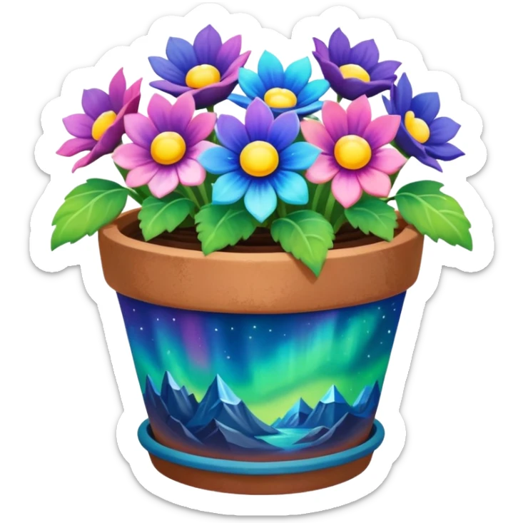 aurora borealis Painted flower clay pot of aurora borealis Petalled Flowers sticker
