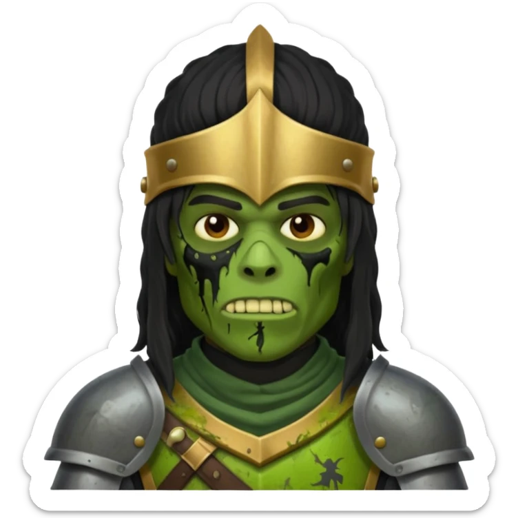 A black male with long black rough hair wearing a knight helmet with green zombie skin sticker