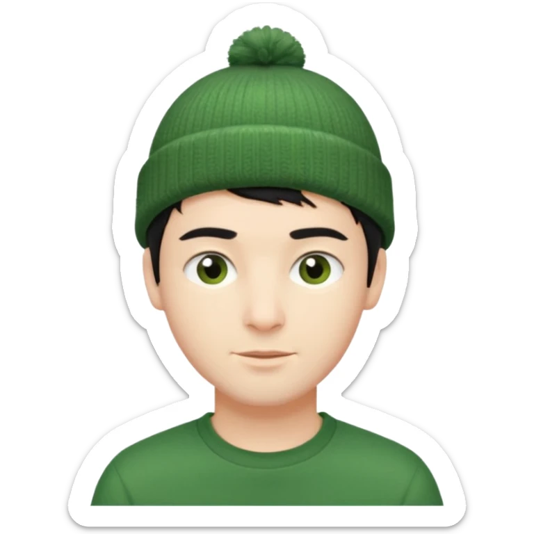 French guy with short black hair wearing a green beanie sticker