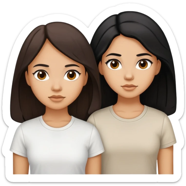 Three sisters, light skin with long dark brown hair, tan skin long black hair, tan skin dark brown short hair, white tee sticker