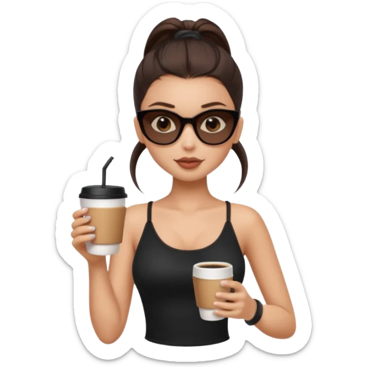 generate a pretty fair bratz girl with dark brown eyes, dark brown eyes tied into a slick back ponytail, thin brown sunglasses. Wearing a black cami top and drinking coffee sticker
