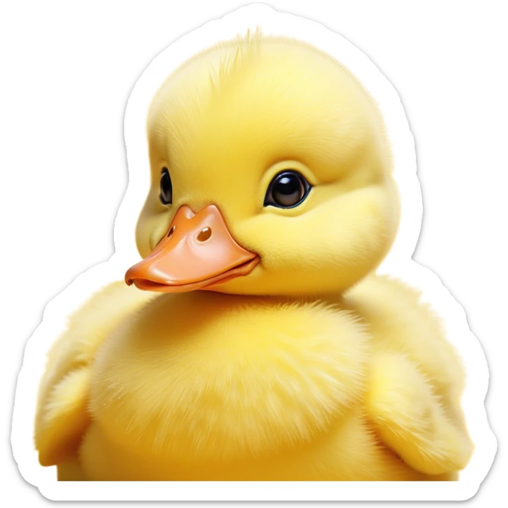 Cinematic Cute Yellow Baby Duck Portrait Emoji, Head tilted playfully and inquisitively, featuring a fluffy, vibrant yellow downy coat with a tiny delicate beak, round, sparkling eyes filled with curiosity, Simplified yet irresistibly adorable features, highly detailed, glowing with a warm, friendly glow, high shine, affectionate and spirited, stylized with a touch of playful whimsy, bright and endearing, soft glowing outline, capturing the essence of a mischievous yet loving duckling, so playful it feels like it could peep out of the screen and into your arms! sticker