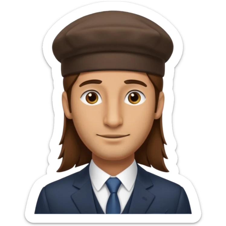 Man with a long nose wearing a suit and kippah, he has long brown hair with a payot sticker