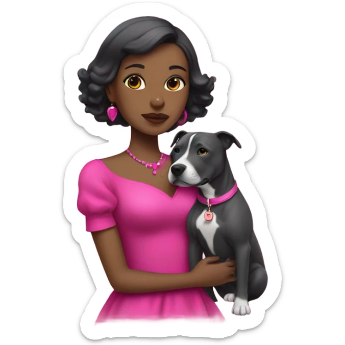 Black lady with black hair wearing hot pink dress hugging all grey pitbull with pink collar sticker