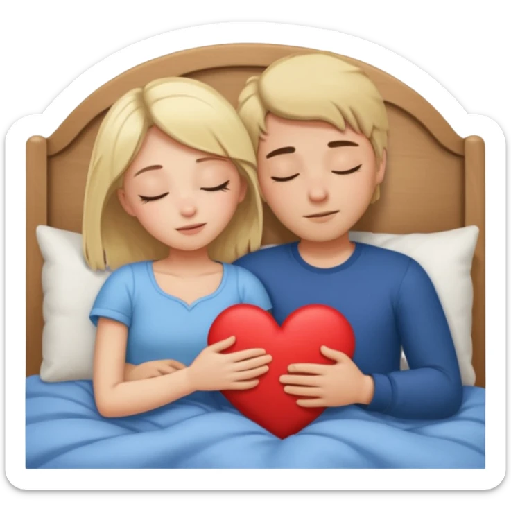 cuddling in bed, asleep. blonde girl. brunette man. eyes closed. heart between them. no headboard sticker