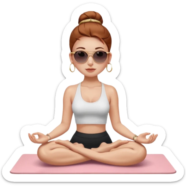 Clean girl influencer character, chest-up portrait.Sleek tight bun hair color (auburn .Natural glossy makeup, soft blush, shiny lips.chest up portrait , small gold hoop earrings, delicate gold necklace.Black sunglasses on head.Rolled yoga mat hanging over her shoulder. sticker