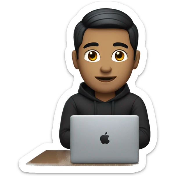 memoji of a man with a laptop in front, apple-style,modern,fair white skin,black hair,black sweater,computer in hand,sitting on his desk sticker