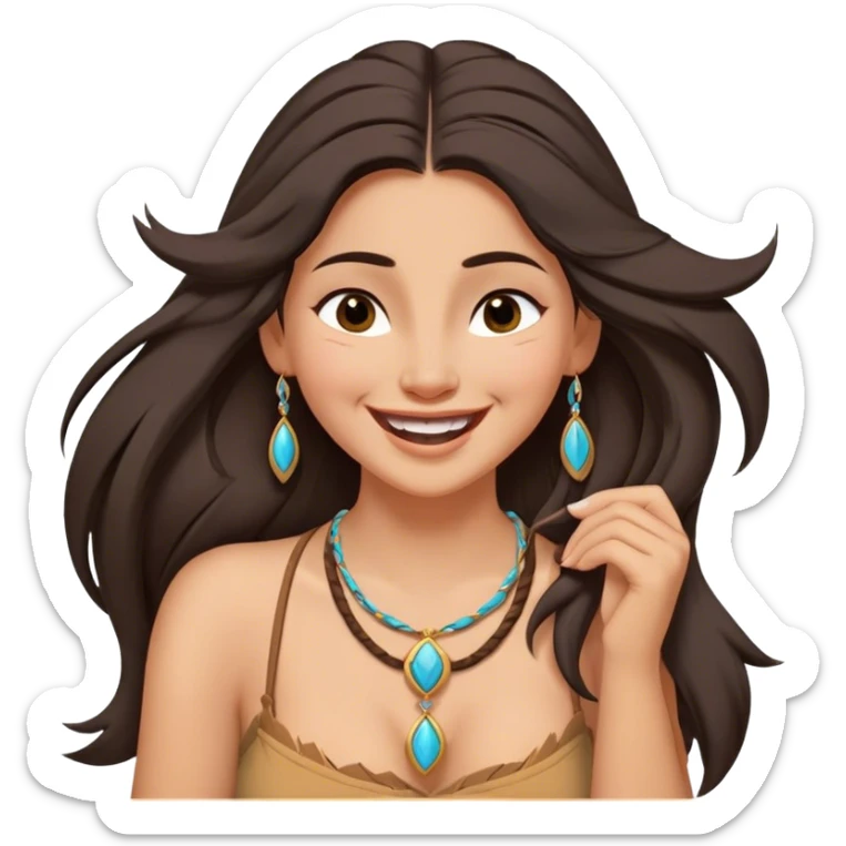 Cinematic Adorable Pocahontas Portrait Emoji, Laughing softly as Meeko tugs at her necklace, hair tousled in the wind, eyes full of warmth, a carefree spirit shining through, capturing the essence of beauty and playfulness! sticker