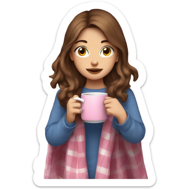 Girl with brown hair and blue eyes sipping on a tea wrapped in a pink plaid blanket  sticker
