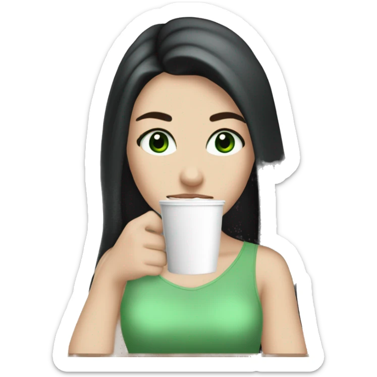 white girl with very long black hair and green eyes and light pink outfit drinking a latte sticker