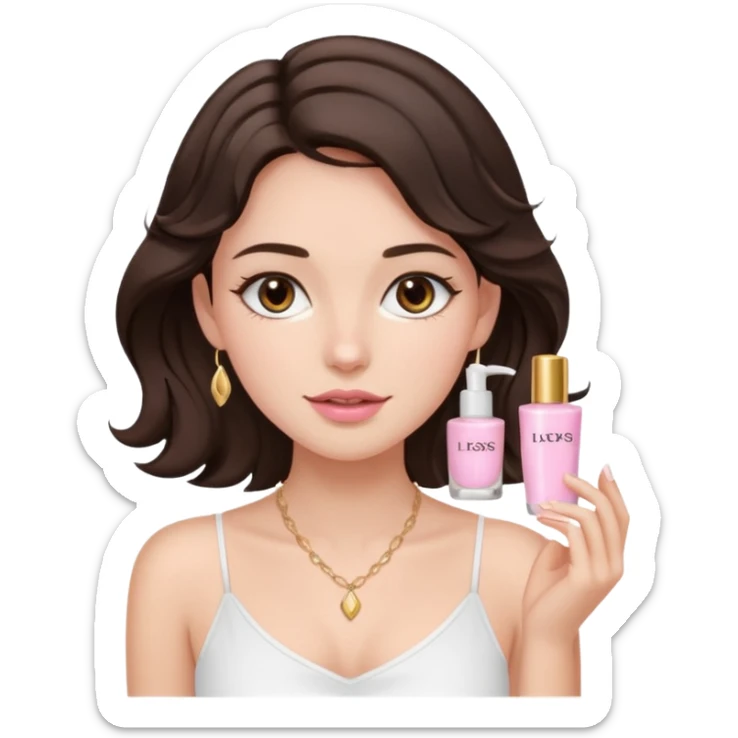 generate a pretty fair bratz girl with dark brown eyes. Dark brown hair wavy hair. light pink lipgloss. white cami top. doing skincare. Dainty gold necklace sticker