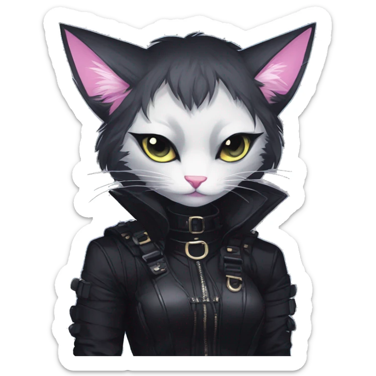 Gorgeous furry gothic dark techwear anime style anthro black cat furry with blushing face aesthetic and pretty edgy black with collar and harness trending style sticker