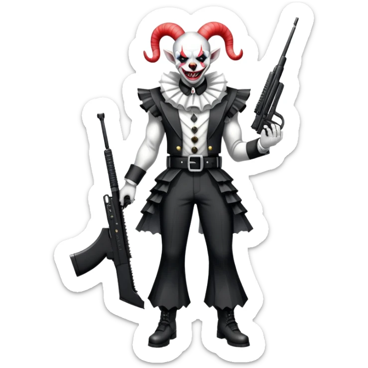 full-body muscular demonic clown, battle-ready, black and white leisure suit with bellbottom pants, bald, black ram horns, flashy black and white belt, ruffled white shirt, no neck tie, large fangs, holding very large futuristic rifle sticker