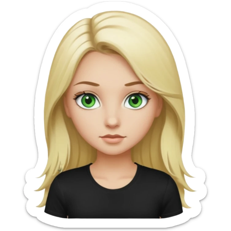 Un fille blonde au yeux vert je veut du mascara sur mais sil je veux un t-shirt blanc moulant et je veux un pantalon noir et les cheveux longs  sticker