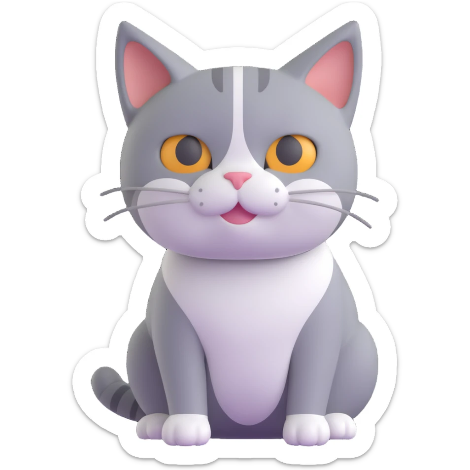 a simple and clear design of a cat with a white nose and underbelly, gray on the rest of the body sticker