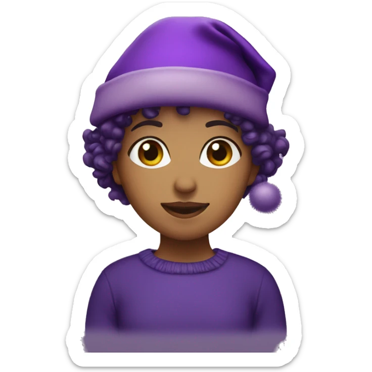 Girl with short curly hair and a purple Christmas’s hat sticker