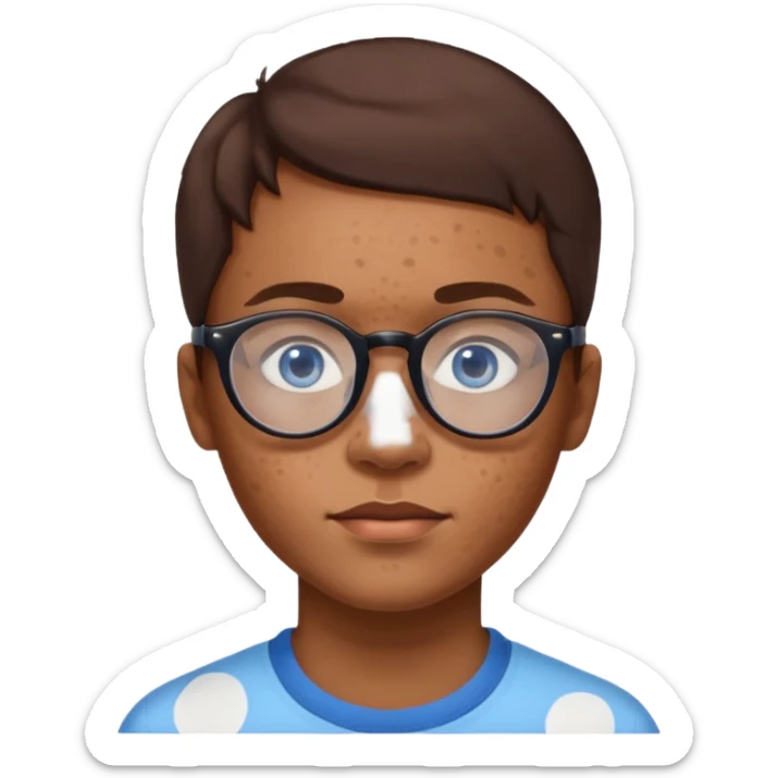 vitiligo emoji, with vitiligo spots around eyes and on the chin. brown hair, blue eyes, wearing glasses  sticker