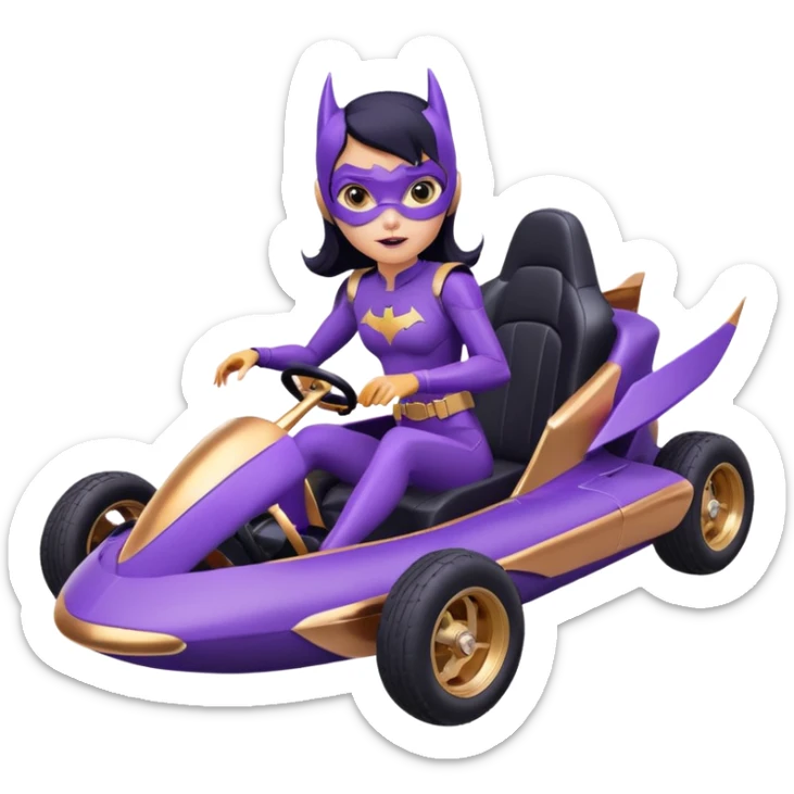 Hot full size real-appearance retro electric racing action BatGirl’s Lego feminine midnight-purple tight outfit sixty’s tv show 1992 stealthy retro sporty safe plush petite off-road pursuit hovering hover cruiser car rose gold accents (black hair,reclined and relaxed seating position) go kart  sticker