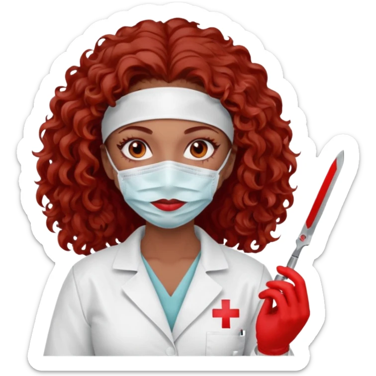 Scary woman scalpel in hand, evil surgeon sexy surgeon clothes.  She has red eyes. Her  brown long curly hair. Wears sexy doctor outfit with red gloves. make her hair free and brown but have mouthy  wear  mask  to hide. Wears white surgeon jacket and  has lon* brown hair. sticker