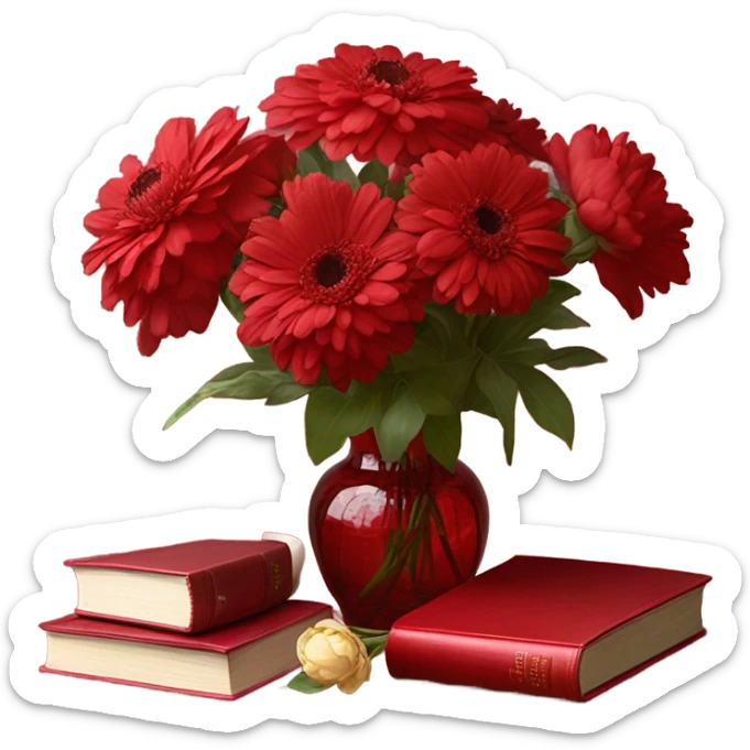 Aesthetic red vintage style book and a bouquet of red daisies and light red peonies in a red glass vase  sticker