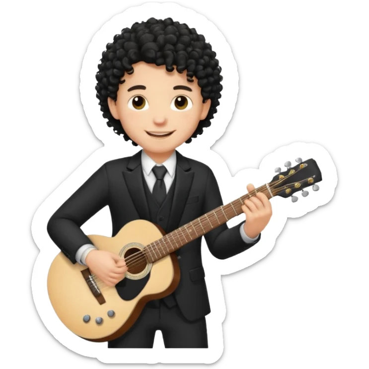 A white boy with black fade curly hair Smiling and holdijg a guitar in a black suit  sticker