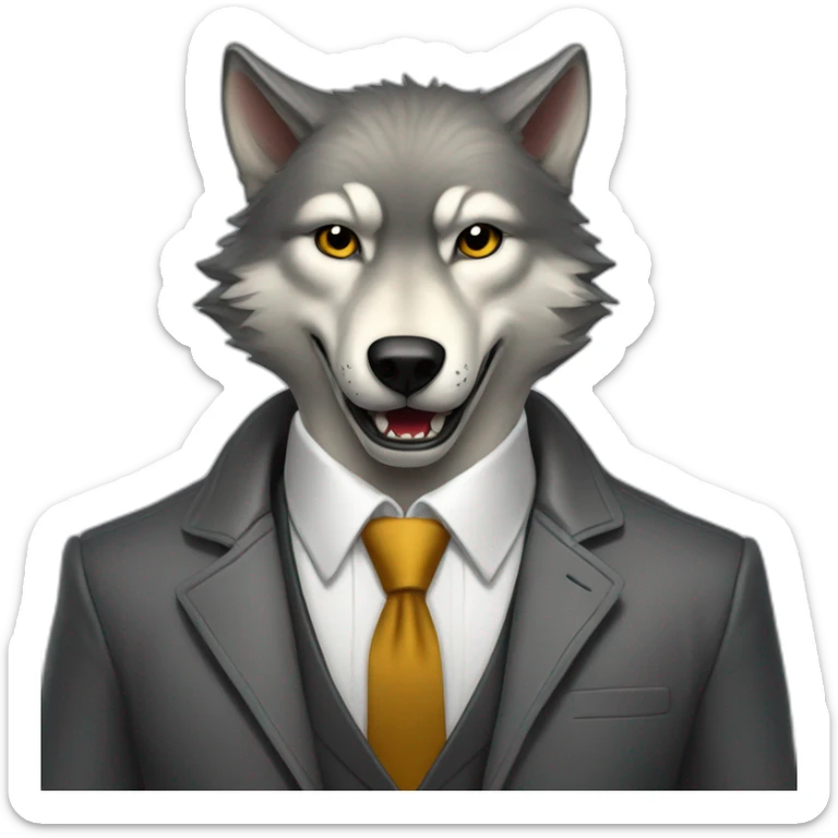 Portrait of a gray wolf showing fangs with a human-like face wears a sleek jacket and tie like a salesman with an open book sticker