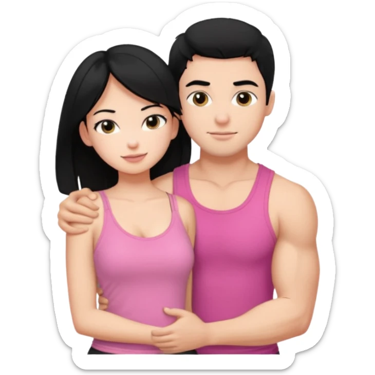 a pretty bratz fair girl. black hair, wearing a pink cami top hugging a handsome fair guy with black hair. lean but muscular who is wearing a black tee sticker