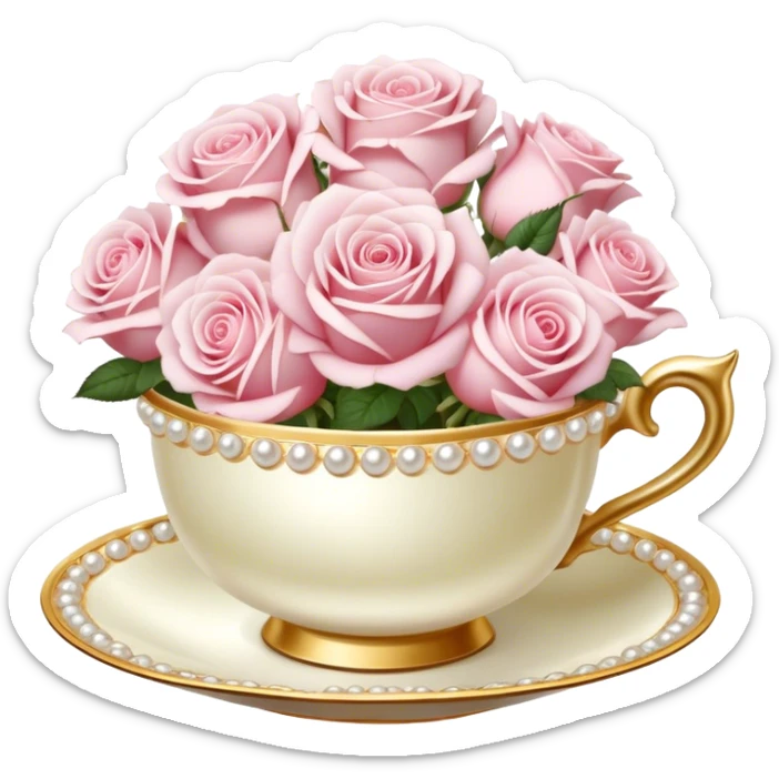 Elegant arrangement of pale pink roses in a pearl teacup with gold trim, vintage-style. sticker