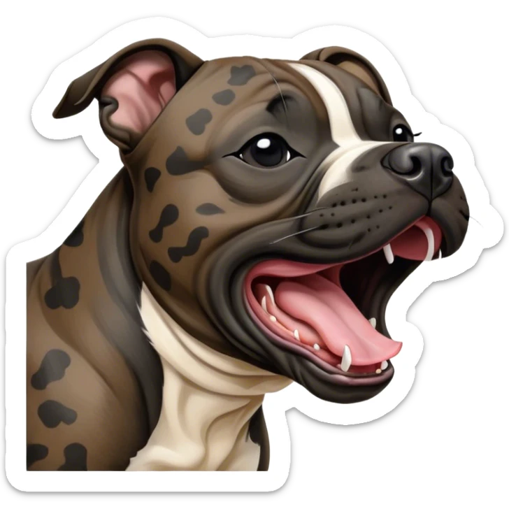 Cinematic Cute Yawning Black/Brindle Staffordshire Bull Terrier Portrait Emoji, Head tilted slightly with a dramatic, wide-open yawn, showcasing a smooth Fur with a striking black and brindle pattern, floppy ears slightly drooping, round dark eyes barely open in drowsy contentment, Simplified yet irresistibly adorable features, highly detailed, glowing with a soft, cozy glow, high shine, relaxed yet expressive, stylized with a touch of whimsy, bright and endearing, soft glowing outline, capturing the essence of a sleepy yet affectionate guardian, so drowsy it feels like it could stretch right out of the screen and curl up for a nap! sticker