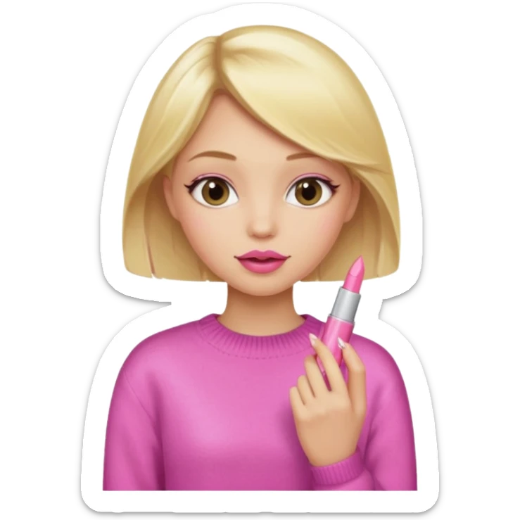 A blonde haired girl with a pink sweater and holding a lip gloss sticker