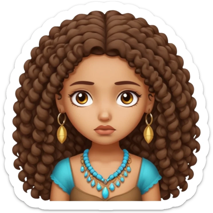 a tan pretty bratz indian girl with curly long brunette hair, looking sad sticker