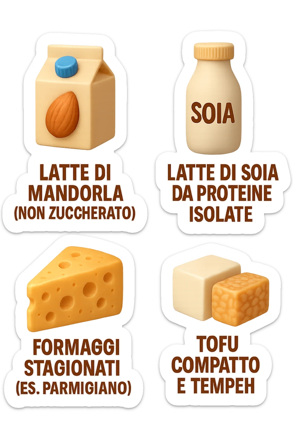 emoji stile iphone 3d di Latte e yogurt delattosati in italiano
Latte di mandorla (non zuccherato)
Latte di soia da proteine isolate
Formaggi stagionati (es. parmigiano)
Tofu compatto e tempeh
 che fluttuano in aria, iperealistico 4k sticker