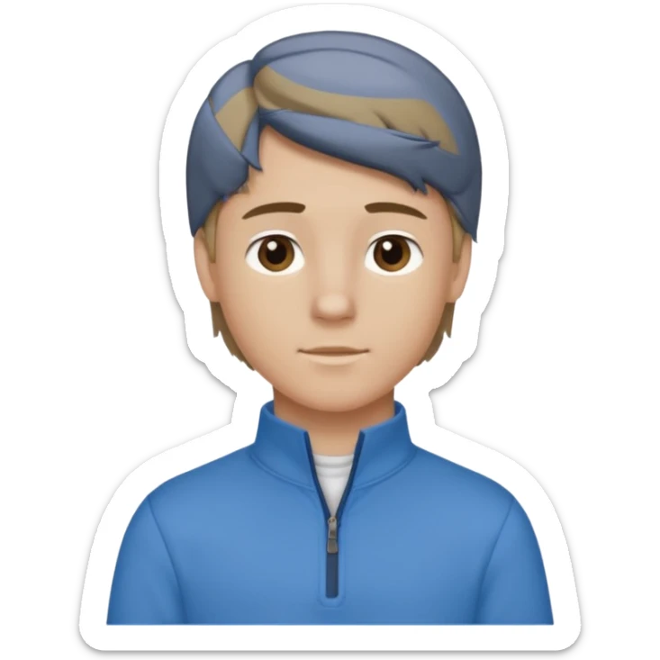 boy with dark blonde hair in a mullet to the front, with a neat blue shirt (not a t-shirt) and brown quarter zip sticker