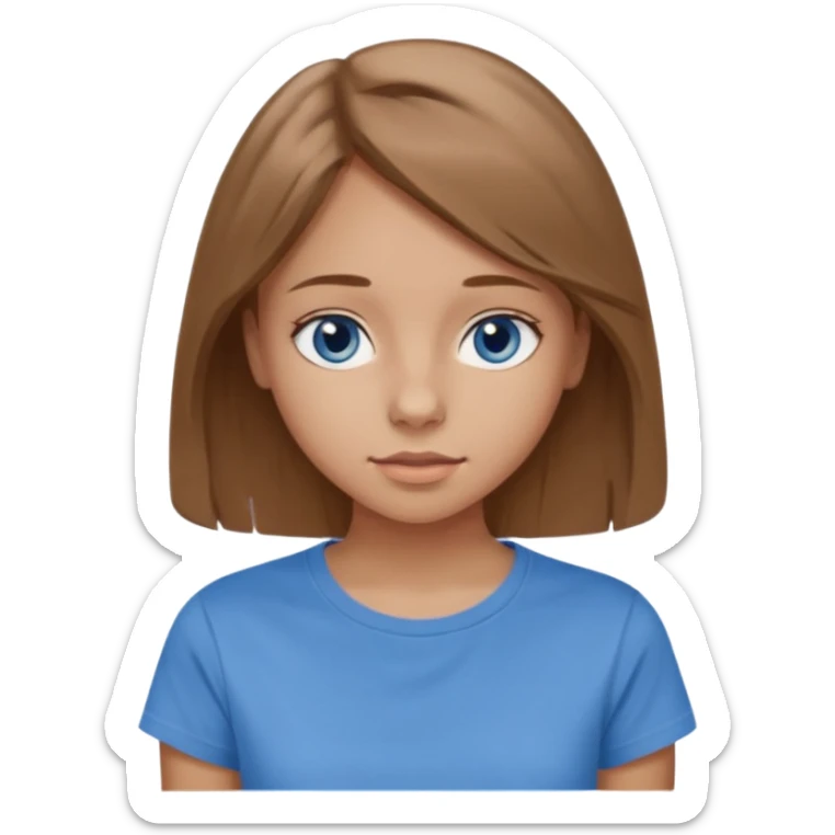 A 16-year-old girl with long, light brown hair and blue eyes. She also has slightly tanned skin, a small nose, and average-sized lips (though her lower lip is slightly larger than her upper lip). She's wearing a taupe T-shirt with a round neck.  sticker