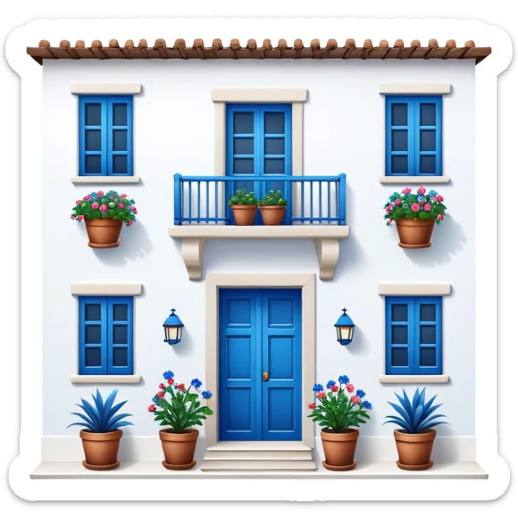 Andalusian-style Spanish house with white walls, blue accents, and flowerpots on windows sticker
